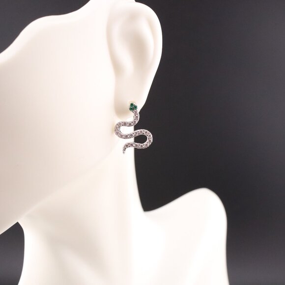Women's Sterling Silver Snake Stud Earrings – CZ & Green Eyes Fashion Jewelry ** - Picture 8 of 11
